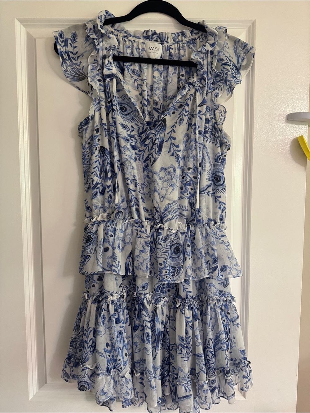Misa Los Angeles Blue and White Floral Ruffle Tiered Mini Dress